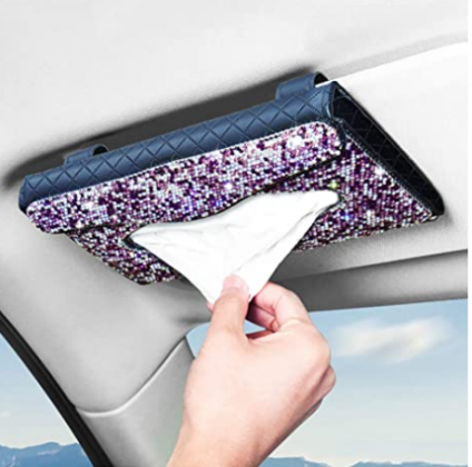 eing Car Tissue Box Holder- PU Leather Bling Crystal Van Truck Vehicle Napkin Cover for Backseat and Sun Visor,Refill Paper Included (Purple)