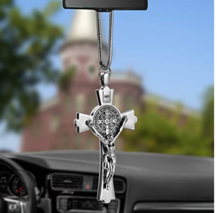EING Metal And Crystal Diamond Cross Jesus Christian Car Rear View Mirror Pendant Hanging Car Styling Accessories Auto Decoration,Silver