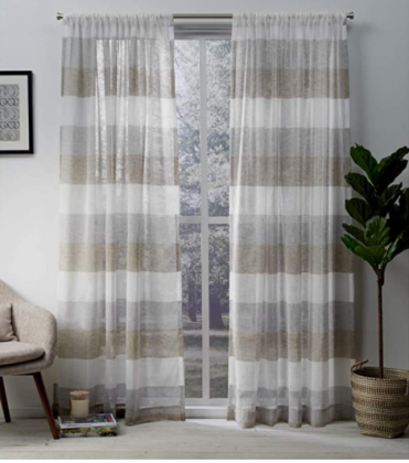Exclusive Home Curtains EH7952-06 2-84R Bern Striped Sheer Rod Pocket Panel Pair, 54x84, Cafe, 2 Piece