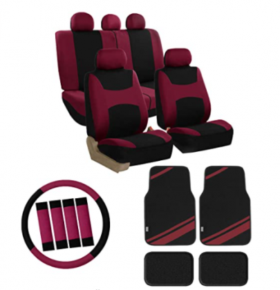FH Group FB030115 Combo Set: Light & Breezy Cloth Seat Covers (Airbag & Split) W. FH2033 + F14407 Carpet Floor Mats Burgundy/Black- Universal Car, Tru