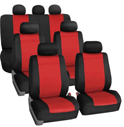 FH Group FH-FB083217 Three-Row Neoprene Waterproof Car Full Set Seat Covers, Airbag Ready and Split, Red/Black - Fit Most Car, Truck, SUV, or Van