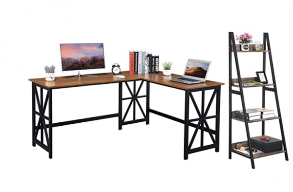 GreenForest L Shaped Desk and Ladder Shelf Bundle, Industrial Style Home Office Furniture Set, Walnut