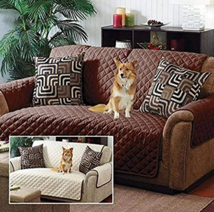 Home Details Quilted Reversible Furniture Protector Slipcover, Good for Dog Hair, Dust & Spills, Machine Washable, Sofa, Chocolate-Taupe