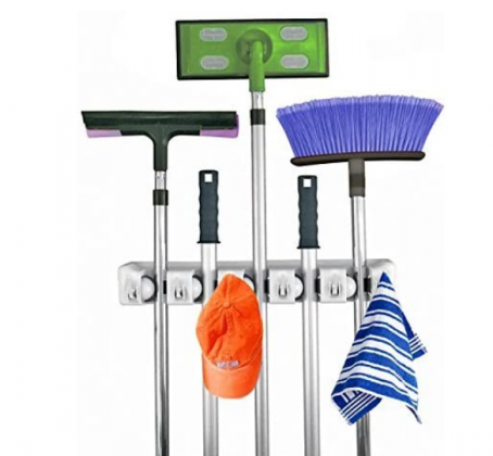 Home- It Mop and Broom Holder, 5 Position with 6 Hooks Garage Storage Holds up to 11 Tools, Storage Solutions for Broom Holders, Garage Storage System