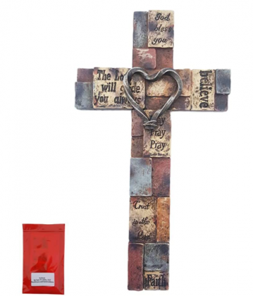 Inspirational Resin Wall Cross with Heart on Woodlooking Bricks Christian Words and Sayings Home Decor and Mounting Hardware Set
