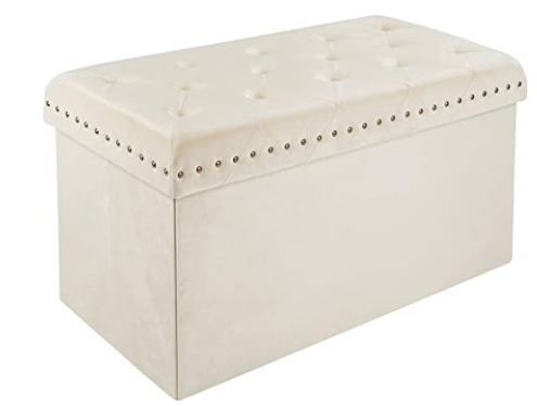 Inspire Me! Home Décor Anastasia Ottoman Bench with Lux Metal Studs Detailing, Classy Sand Shell Soft Velvet, 32 x 16 x 17 in, Gorgeous Tufted Design,