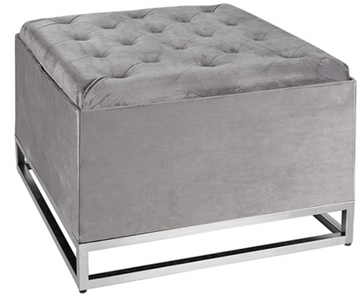 Inspire Me! Home Décor Caroline Ottoman with Inset Faux Marble Coffee Table Lid, Classy Pewter Grey Soft Velvet, 24 x 24 x 17 in, Glamorous Tufted Des