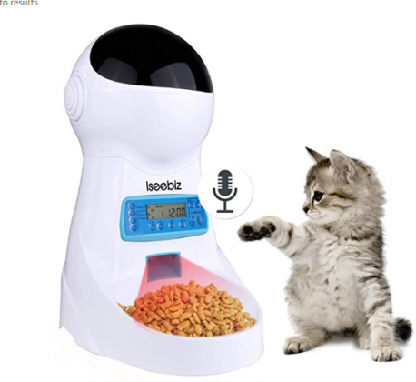 Iseebiz Automatic Cat Feeder, Auto Pet Feeder with Infrared Induction Anti-Clog Design, 10s Voice Recorder and Timer Programmable, Up to 39 Portion Co