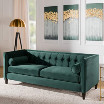 Jennifer Taylor Home Jack Collection Modern Hand Tufted Upholstered Sofa With 2 Bolster Pillows and Hand Finish Legs, Hunter Green