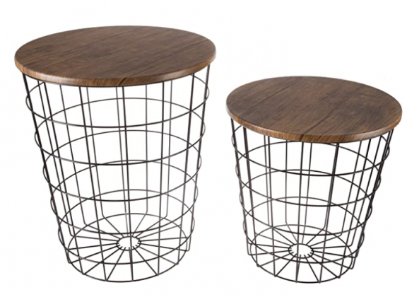 Lavish Home 80-ENDTBL-2 (Set of 2) Nesting End Storage Convertible Round Metal Basket Wood Veneer Top Accent Side Tables, Dark Brown