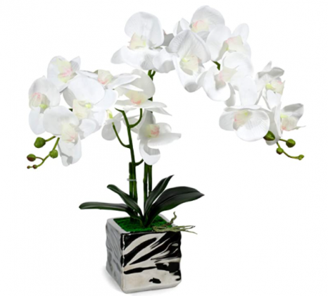 LIVILAN Artificial Flowers Artificial Orchid White Orchid Plant Phalaenopsis Orchid Artificial Arrangements Flower Bonsai with Silver Ceramic Pot for