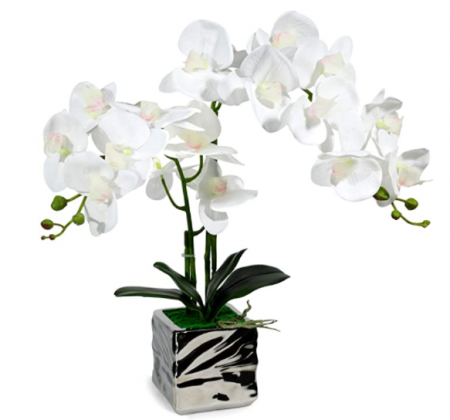 LIVILAN Artificial Flowers Artificial Orchid White Orchid Plant Phalaenopsis Orchid Artificial Arrangements Flower Bonsai with Silver Ceramic Pot for