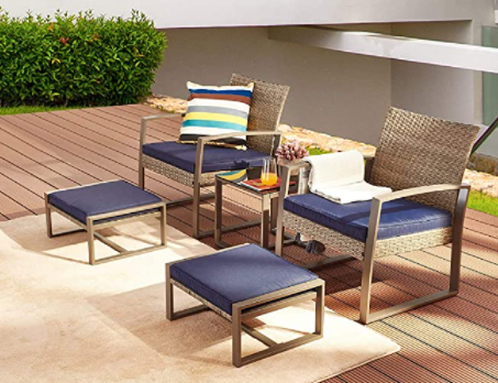 LOKATSE HOME 5-Piece Wicker Outdoor Conversation Set Patio Furniture PE Rattan All Weather Cushioned Chairs Balcony Porch with Ottoman and Glass Coffe