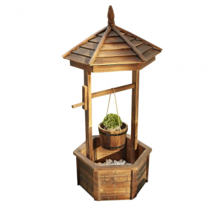 LOKATSE HOME Outdoor Rustic Wishing Well Planter with Hanging Bucket Flower for Patio Garden Home Decor, Burnt-Finished