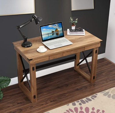 LOKATSE HOME Rustic Furniture Sturdy Modern Computer Table for Home Office, Wood and Metal Writing Desk with Drawer, Natural
