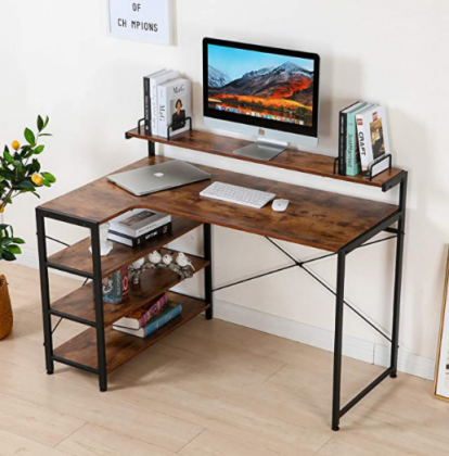 MELLCOM L Shaped Computer Desk with Monitor Shelf Open Storage Shelves,47inch Modern Sturdy Writing Desk with Bookshelves for Home Office