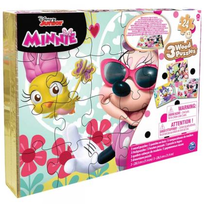 Minnie Mouse 3 Pack Wooden Puzzles in Wood Storage Tray
