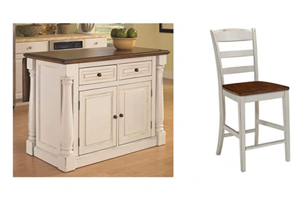 Monarch White Kitchen Island by Home Styles & Home Styles Solid Wood Counter Bar Stool 24 inch High, Monarch Antique White with Distressed Oak Finish,
