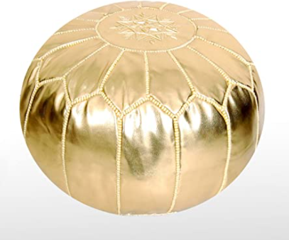 Moroccan Pouf Ottoman Footstool (Leather) Genuine Hand-Stitched Seating | Living Room, Bedroom, Sitting Area (Stuffed, Gold)