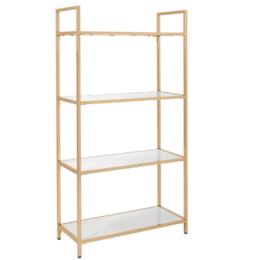 OSP Home Furnishings Alios Bookcase, White Gloss Finish with Gold Plated Base
