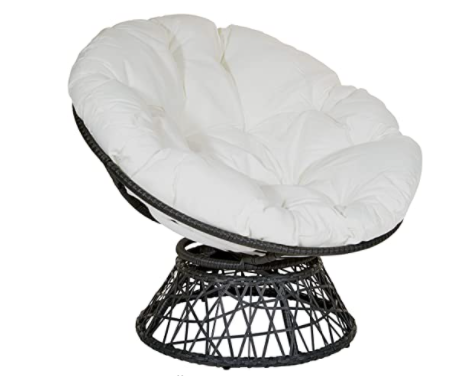 OSP Home Furnishings Wicker Papasan Chair with 360-Degree Swivel, Grey Frame with White Cushion