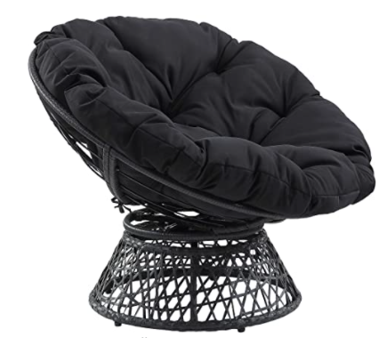 OSP Home Furnishings Wicker Papasan Chair with 360-Degree Swivel, Grey Frame with Black Cushion