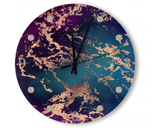 PotteLove 12 Inch Silent Vintage Wooden Round Wall Clock Non Ticking Quartz Battery Operated, Moody Marble deep Luxe Purple Teal Rose Gold Rustic Chic