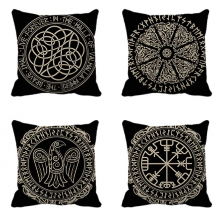 rouihot Set of 4 Throw Pillow Covers Nordic Ancient Scandinavian Shield Viking Magical and Runes White Black Emblem 18x18 Inch Home Decor Pillowcases