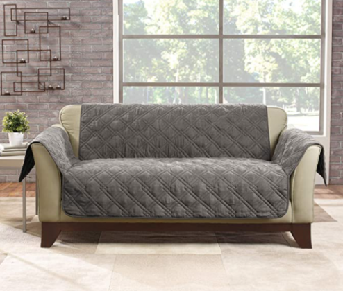 SureFit Home Décor SF44891 Microfiber Sofa Quilted Furniture Throw Pet Loveseat Cover, Relaxed Fit, Polyester, Machine Washable, One Piece, Dark Gray