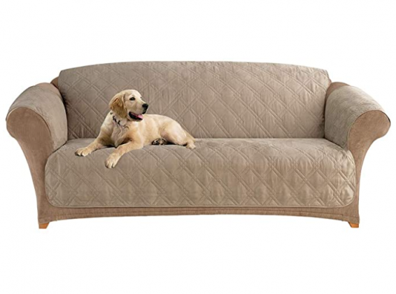 SureFit Home Decor Microfiber Pet Sofa One Piece Quilted Furniture Cover, Relaxed Fit, Polyester, Machine Washable, Sable Color