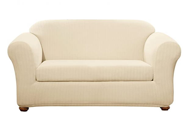 SureFit Home Decor Stretch Pinstripe Box Cushion Loveseat Two Piece Slipcover, Form Fit, Polyester/Spandex, Machine Washable, Cream Color