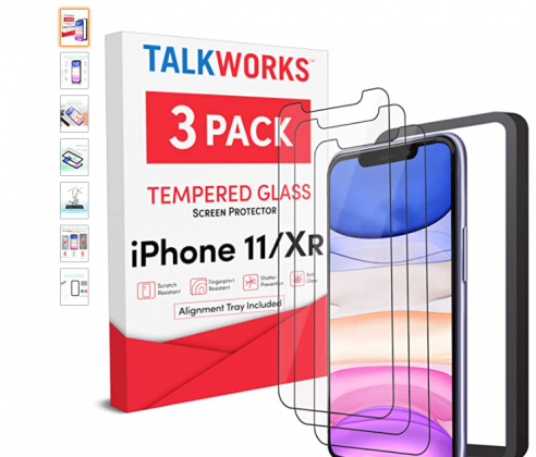 TalkWorks iPhone 11 Screen Protector (Also Fits iPhone XR) 3 Pack with Installation Tray, HD Tempered Glass Film Durable 0.33mm 9H Hardness, Case Comp
