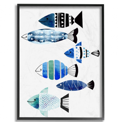 The Stupell Home Décor Collection Collage Tropical Blue Green and Black Patterned Fish Framed Giclee Texturized Art, 16 x 20, Multi-Color