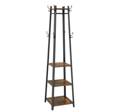 VASAGLE Coat Rack, Coat Stand with 3 Shelves, Hall Trees Free Standing with Hooks for Scarves, Bags and Umbrellas, Steel Frame, Industrial Style, Rust