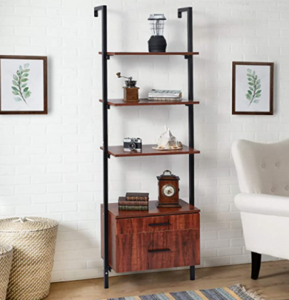YODOLLA 3-Tier Wall-Mounted Bookcase with 2 Wood Drawers, Industrial Wood Ladder Shelf w/Matte Metal Frame, 73” Storage Rack for Living Room, Bedroom,