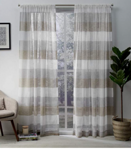 Exclusive Home Curtains EH7952-06 2-84R Bern Striped Sheer Rod Pocket Panel Pair, 54x84, Cafe, 2 Pie