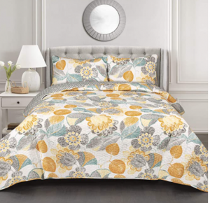Lush Decor Yellow & Gray Layla Quilt Floral Leaf Print 3 Piece Reversible Bedding Set King