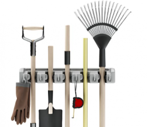 Shovel, Rake and Tool Holder with Hooks- Wall Mounted Organizer for Garage, Closet, or Shed-Hang Hom