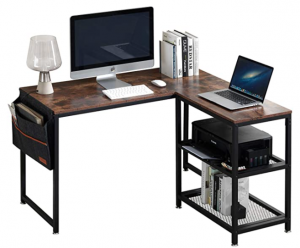 VECELO Vintage Work Station/Writing Computer Laptop Table,L-Shaped Home Office Desk with 2 Open Shel