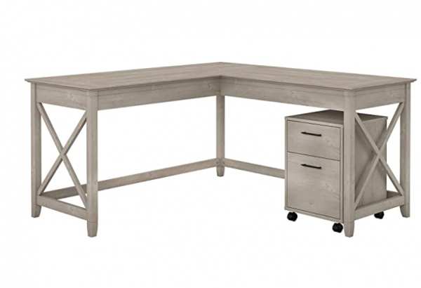 Bush Furniture Key West 60W L Shaped Desk with Mobile File Cabinet in Washed Gray