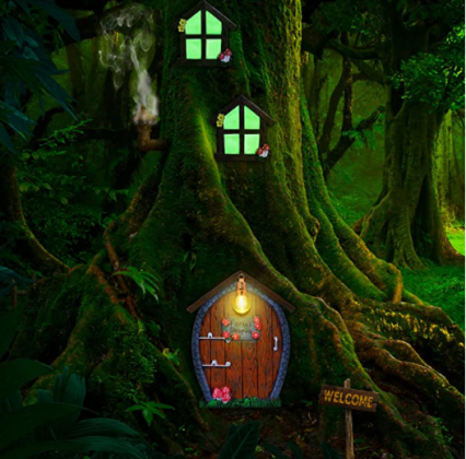Home Miniature Window and Door with Litter Lamp Glow in Dark Fairies Sleeping Door and Windows Yard Garden Sculpture for Trees Decoration Garden Lawn