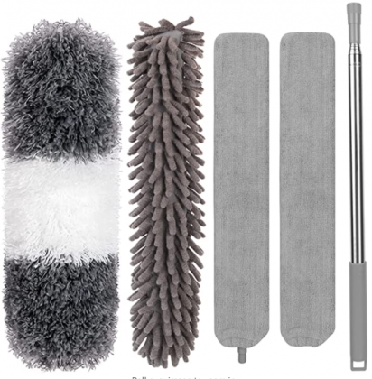 Microfiber Duster Set for Home, Telescopic Feather Cobweb Duster, Cleaning Kit Includes Extension Pole and 3 Replacement Head, Bendable & Washable for