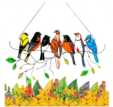 Multicolor Birds Stained Glass Window Hangings, Sun Catcher Outdoor Home Garden Decoration Twist, Acrylic Cute Hummingbirds on a Wire Window Panel Gif