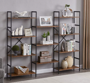 Superjare Triple Wide 4-Tier Bookshelf, Rustic Industrial Style Book Shelf, Wood and Metal Bookcase 